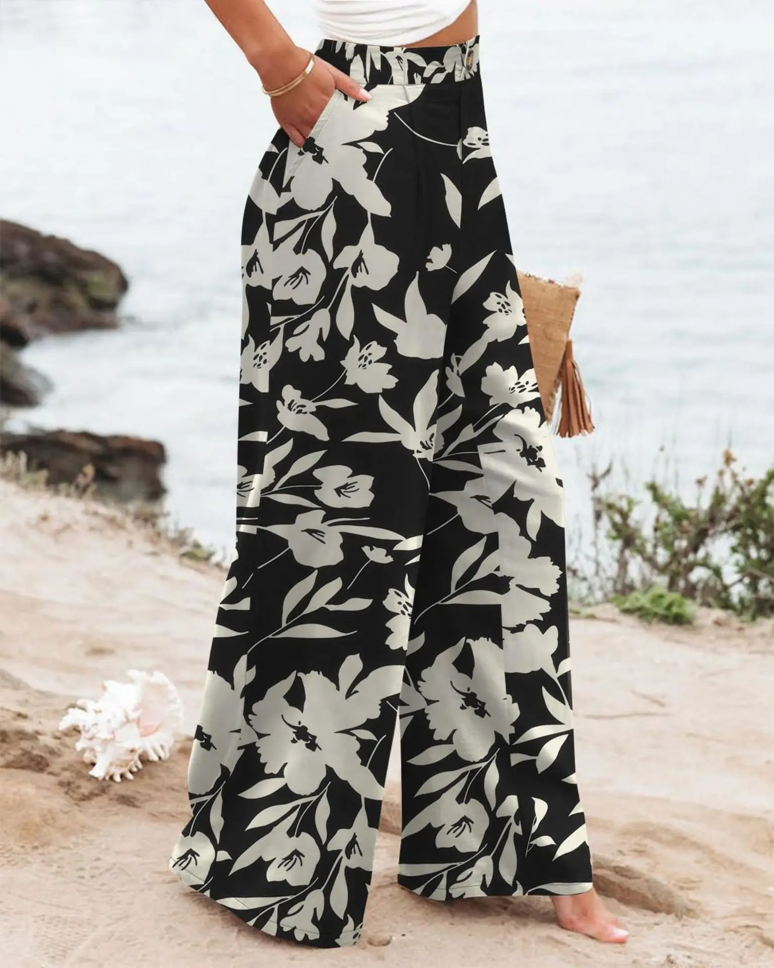 Retro Comfortable Summer Pocket Wide Leg Pants Women Elastic High Waist Casual Pants Loose Straight Solid Women's Trousers 2024