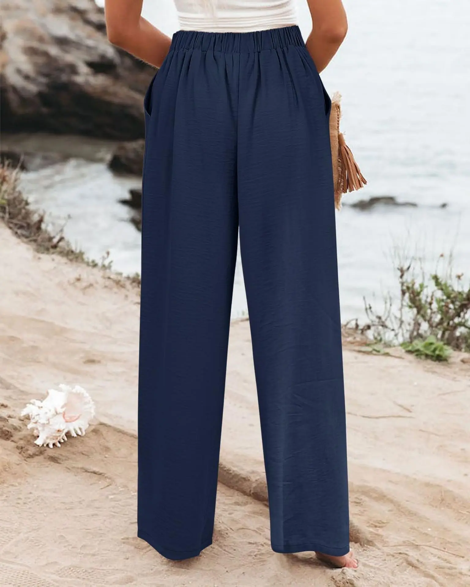 Retro Comfortable Summer Pocket Wide Leg Pants Women Elastic High Waist Casual Pants Loose Straight Solid Women's Trousers 2024