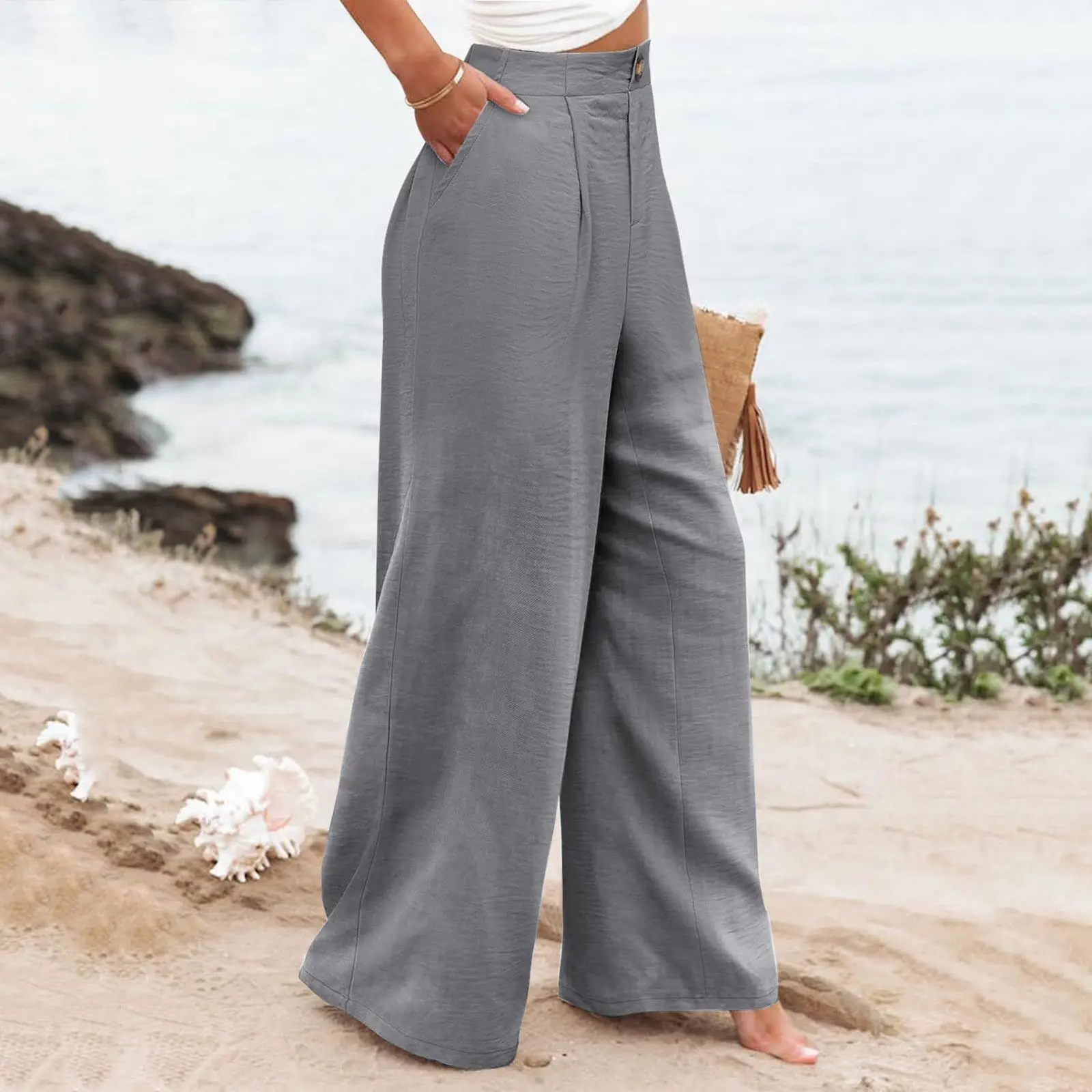 Retro Comfortable Summer Pocket Wide Leg Pants Women Elastic High Waist Casual Pants Loose Straight Solid Women's Trousers 2024