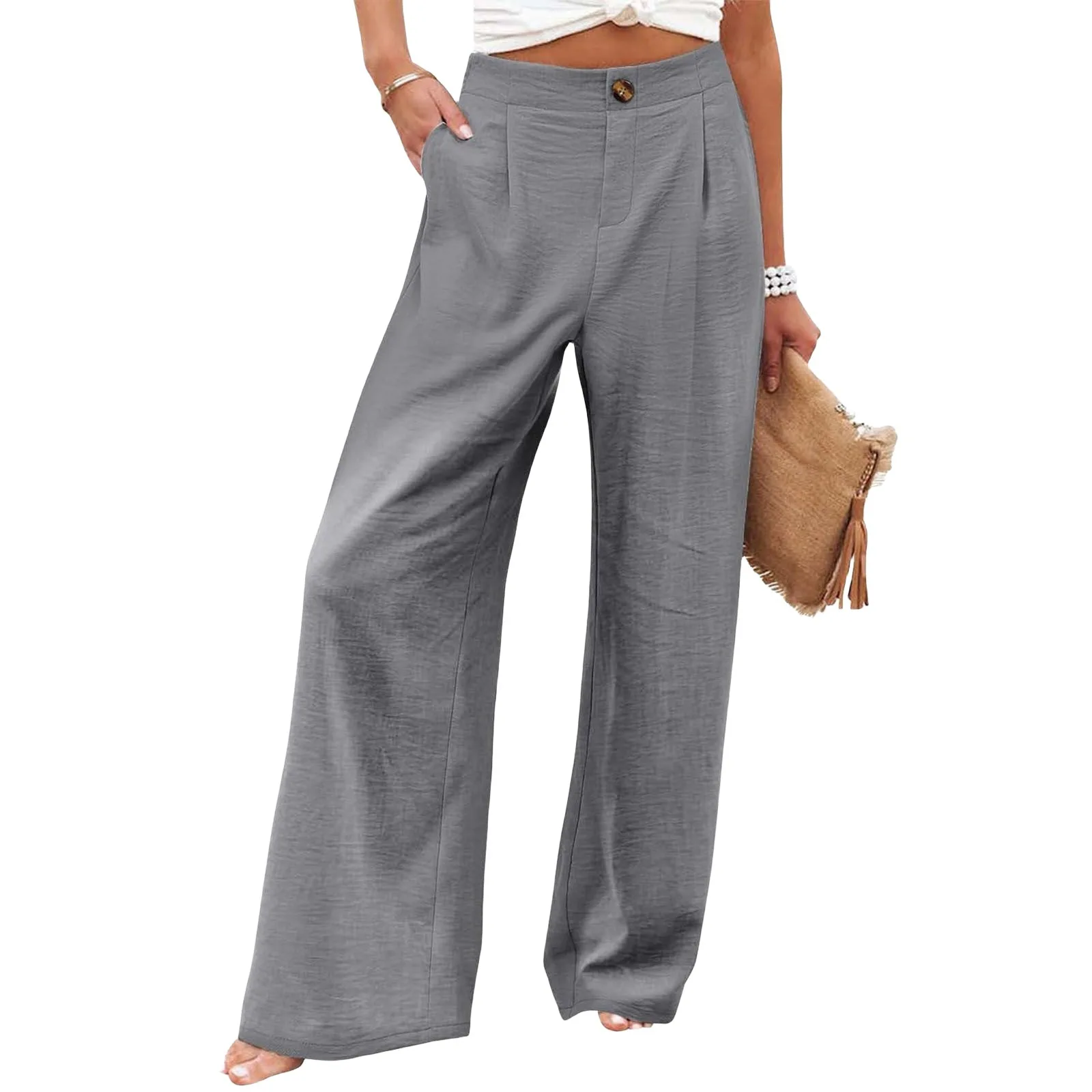 Retro Comfortable Summer Pocket Wide Leg Pants Women Elastic High Waist Casual Pants Loose Straight Solid Women's Trousers 2024