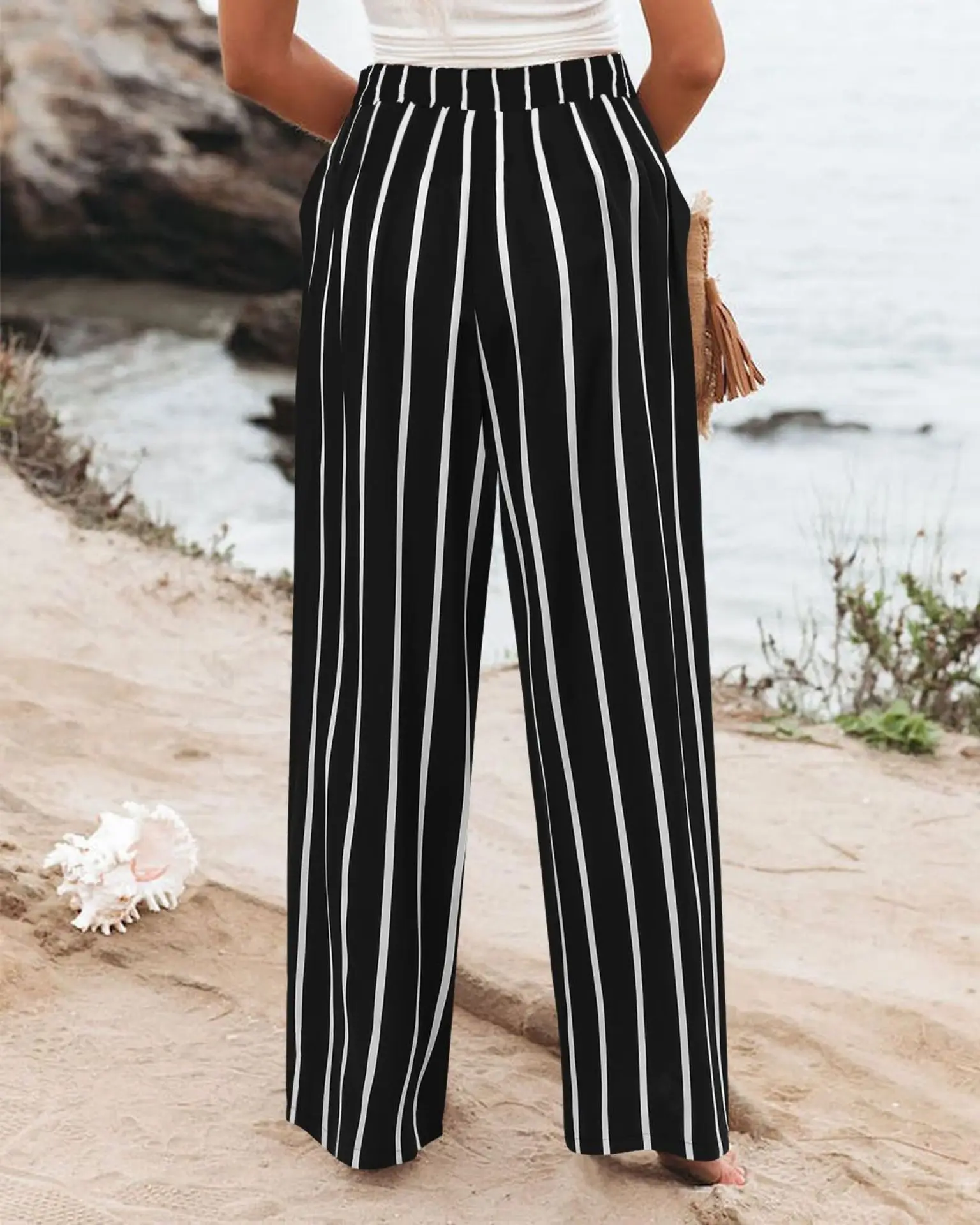Retro Comfortable Summer Pocket Wide Leg Pants Women Elastic High Waist Casual Pants Loose Straight Solid Women's Trousers 2024