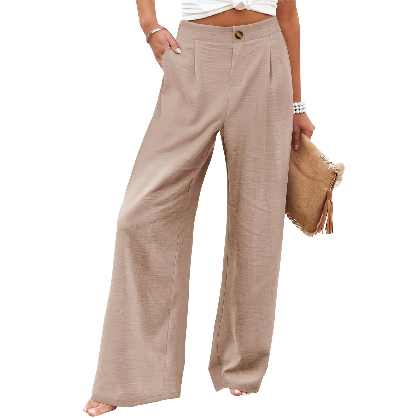 Retro Comfortable Summer Pocket Wide Leg Pants Women Elastic High Waist Casual Pants Loose Straight Solid Women's Trousers 2024