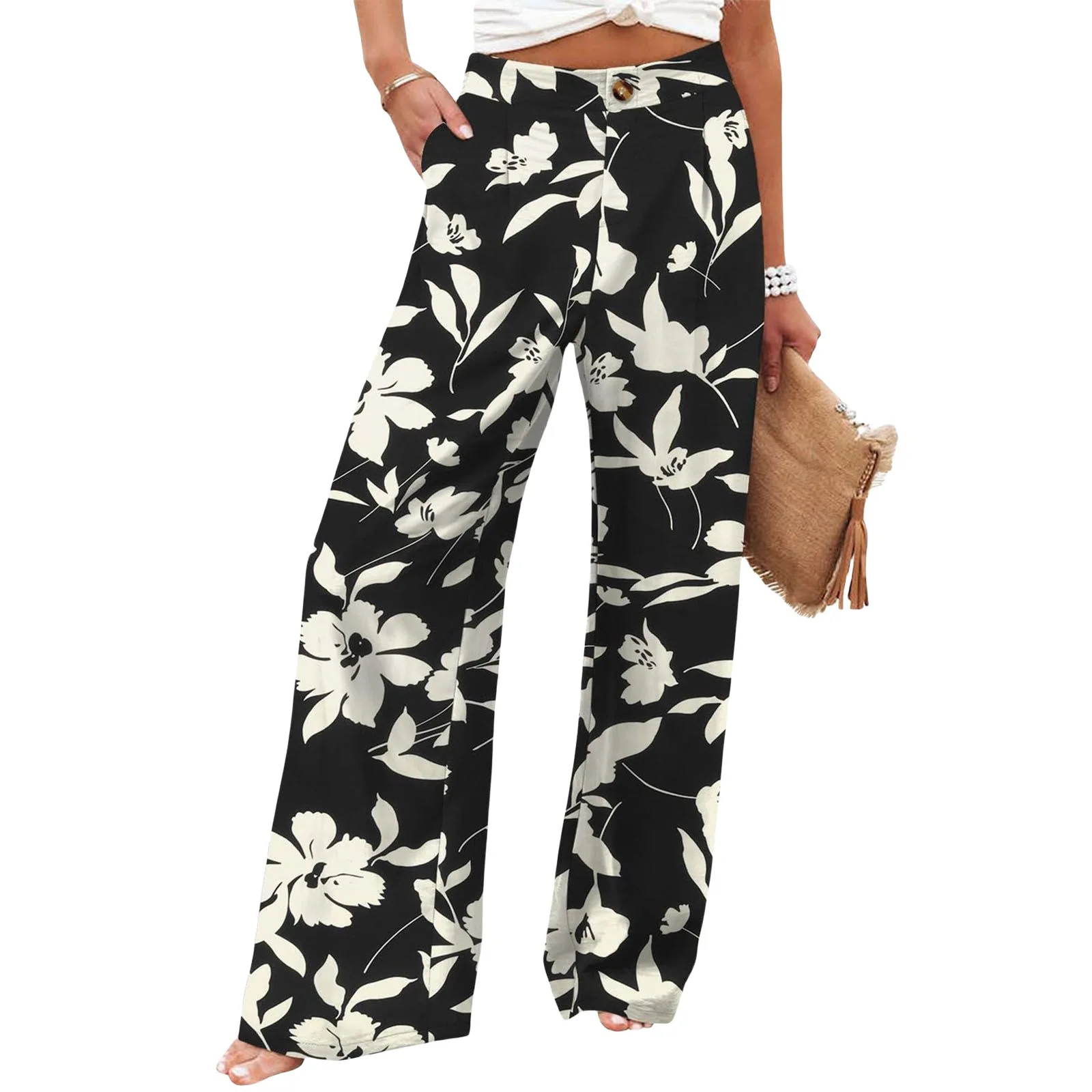 Retro Comfortable Summer Pocket Wide Leg Pants Women Elastic High Waist Casual Pants Loose Straight Solid Women's Trousers 2024