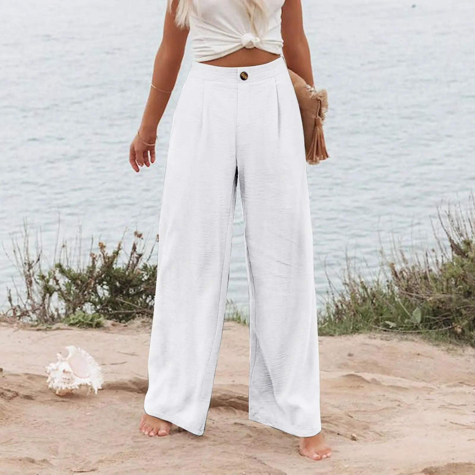 Retro Comfortable Summer Pocket Wide Leg Pants Women Elastic High Waist Casual Pants Loose Straight Solid Women's Trousers 2024