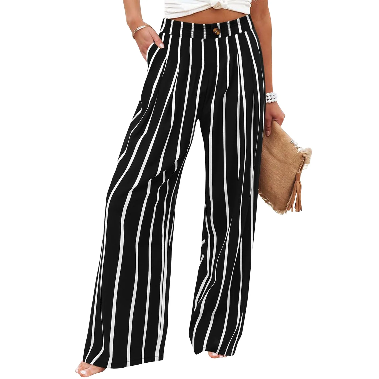 Retro Comfortable Summer Pocket Wide Leg Pants Women Elastic High Waist Casual Pants Loose Straight Solid Women's Trousers 2024