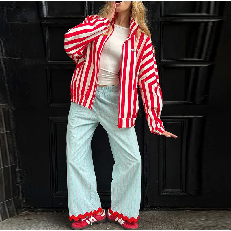 Casual Women's Striped Contrast Wave Cut Pants Loose Elastic Waist Pockets Wide Leg Female Trousers 2026 Lady All-match Pant