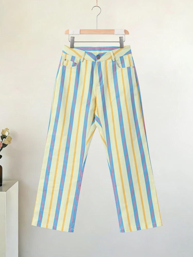 Colorful Striped Low Waist Wide Leg Jeans Slim Fit Flared Hem 2026 Summer Casual Women Denim Pants Trendy Y2K Lady Streetwear