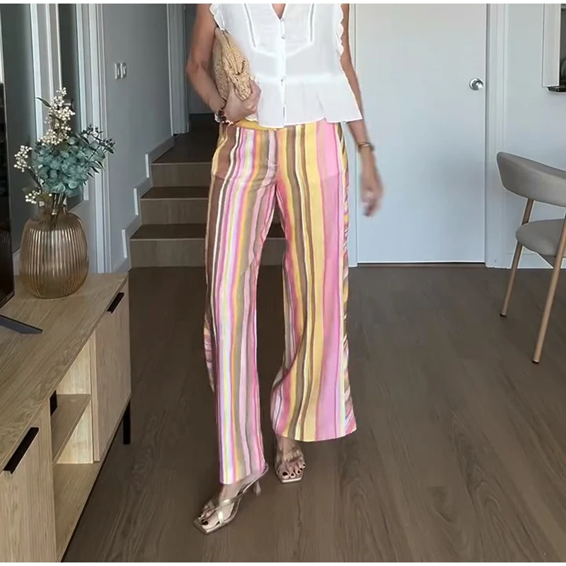 Colorful Striped Low Waist Wide Leg Jeans Slim Fit Flared Hem 2026 Summer Casual Women Denim Pants Trendy Y2K Lady Streetwear