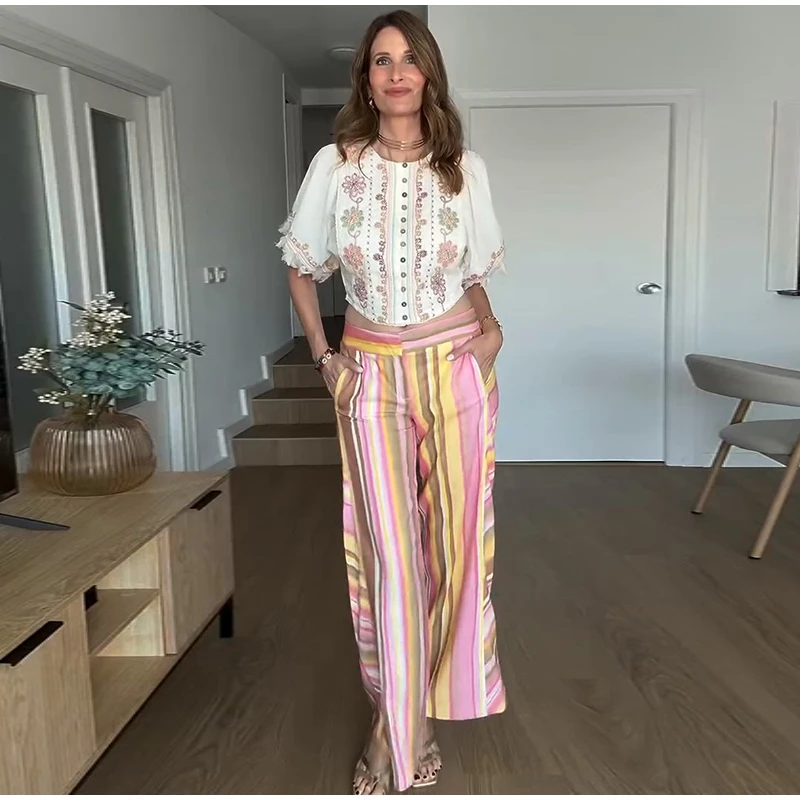 Colorful Striped Low Waist Wide Leg Jeans Slim Fit Flared Hem 2026 Summer Casual Women Denim Pants Trendy Y2K Lady Streetwear