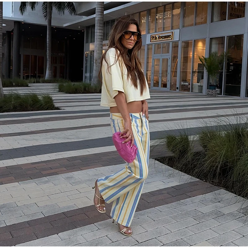 Colorful Striped Low Waist Wide Leg Jeans Slim Fit Flared Hem 2026 Summer Casual Women Denim Pants Trendy Y2K Lady Streetwear
