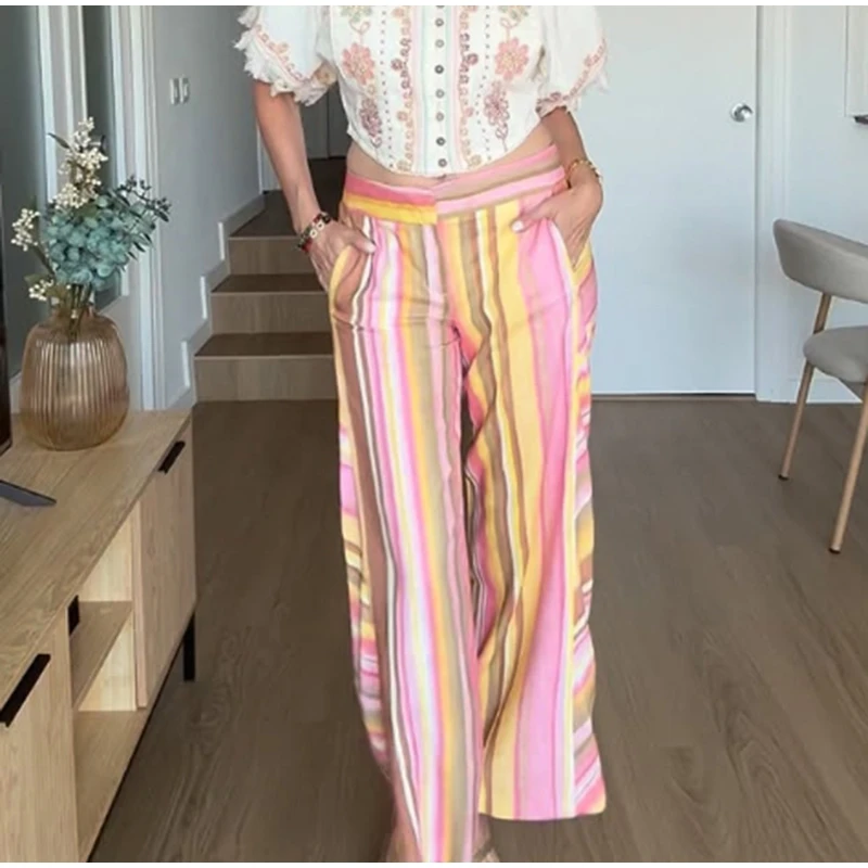 Colorful Striped Low Waist Wide Leg Jeans Slim Fit Flared Hem 2026 Summer Casual Women Denim Pants Trendy Y2K Lady Streetwear