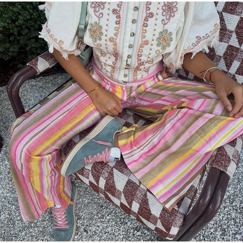 Colorful Striped Low Waist Wide Leg Jeans Slim Fit Flared Hem 2026 Summer Casual Women Denim Pants Trendy Y2K Lady Streetwear