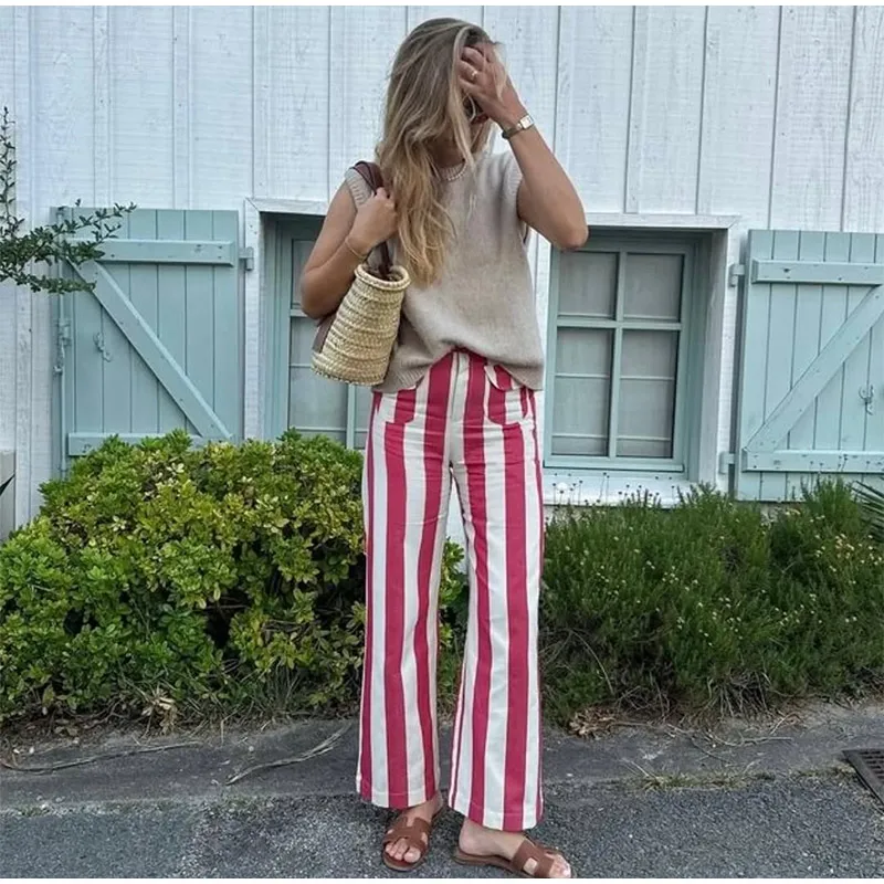 Colorful Striped Low Waist Wide Leg Jeans Slim Fit Flared Hem 2026 Summer Casual Women Denim Pants Trendy Y2K Lady Streetwear
