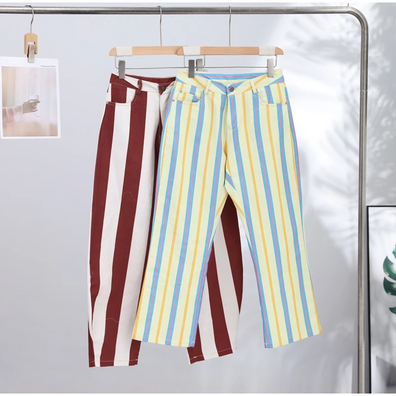 Colorful Striped Low Waist Wide Leg Jeans Slim Fit Flared Hem 2026 Summer Casual Women Denim Pants Trendy Y2K Lady Streetwear