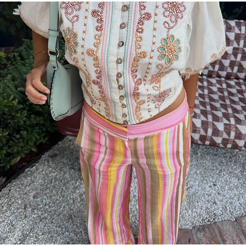 Colorful Striped Low Waist Wide Leg Jeans Slim Fit Flared Hem 2026 Summer Casual Women Denim Pants Trendy Y2K Lady Streetwear