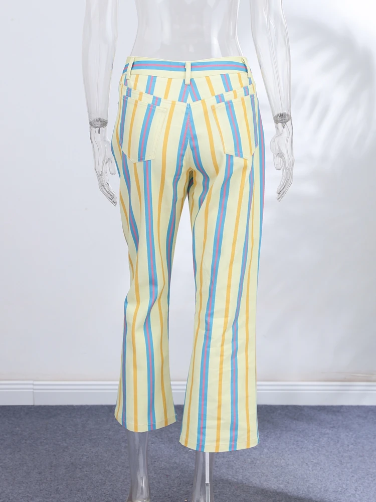 Colorful Striped Low Waist Wide Leg Jeans Slim Fit Flared Hem 2026 Summer Casual Women Denim Pants Trendy Y2K Lady Streetwear