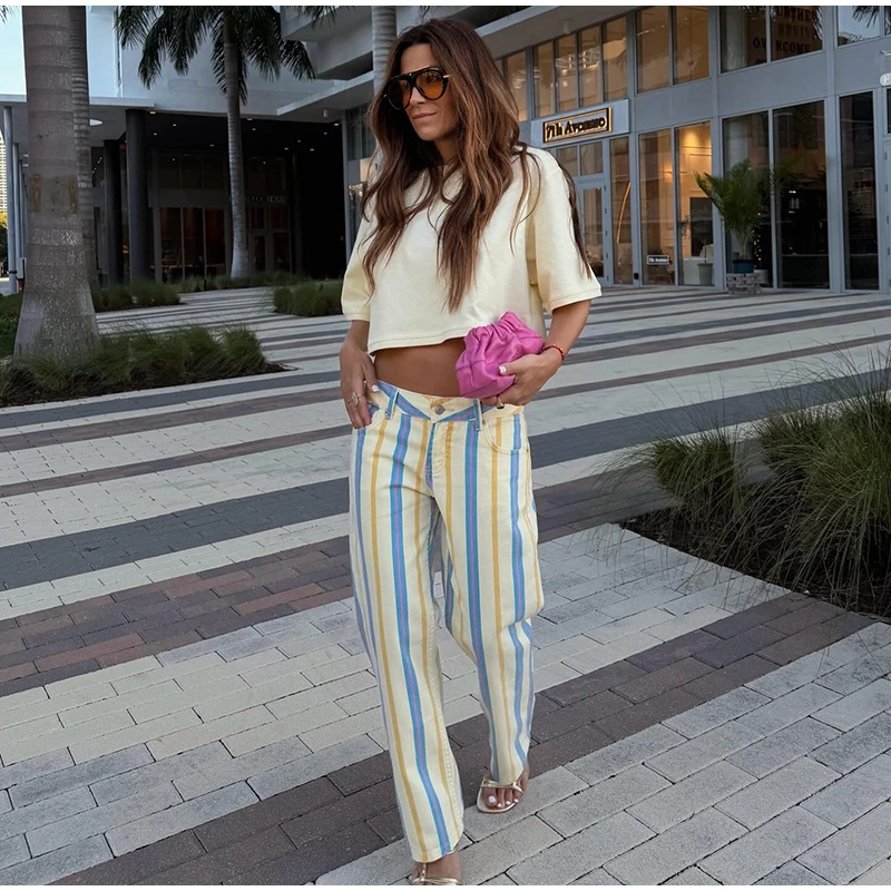 Colorful Striped Low Waist Wide Leg Jeans Slim Fit Flared Hem 2026 Summer Casual Women Denim Pants Trendy Y2K Lady Streetwear
