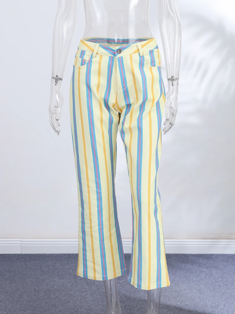 Colorful Striped Low Waist Wide Leg Jeans Slim Fit Flared Hem 2026 Summer Casual Women Denim Pants Trendy Y2K Lady Streetwear
