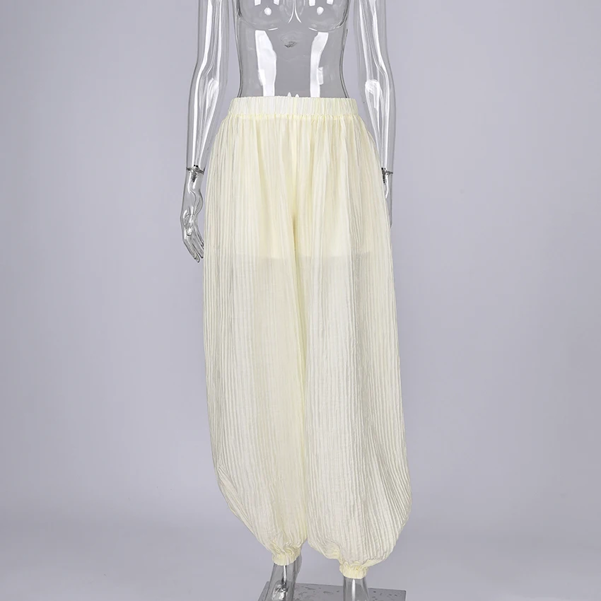 Linad Elegant Apricot Loose Pleated Bloomers Women 2026 Casual Elastic Waist Trousers Female Spring Fashion Sheer Long Pants
