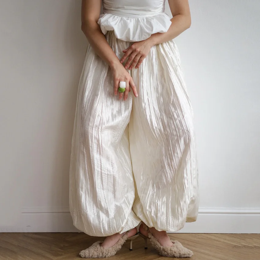Linad Elegant Apricot Loose Pleated Bloomers Women 2026 Casual Elastic Waist Trousers Female Spring Fashion Sheer Long Pants