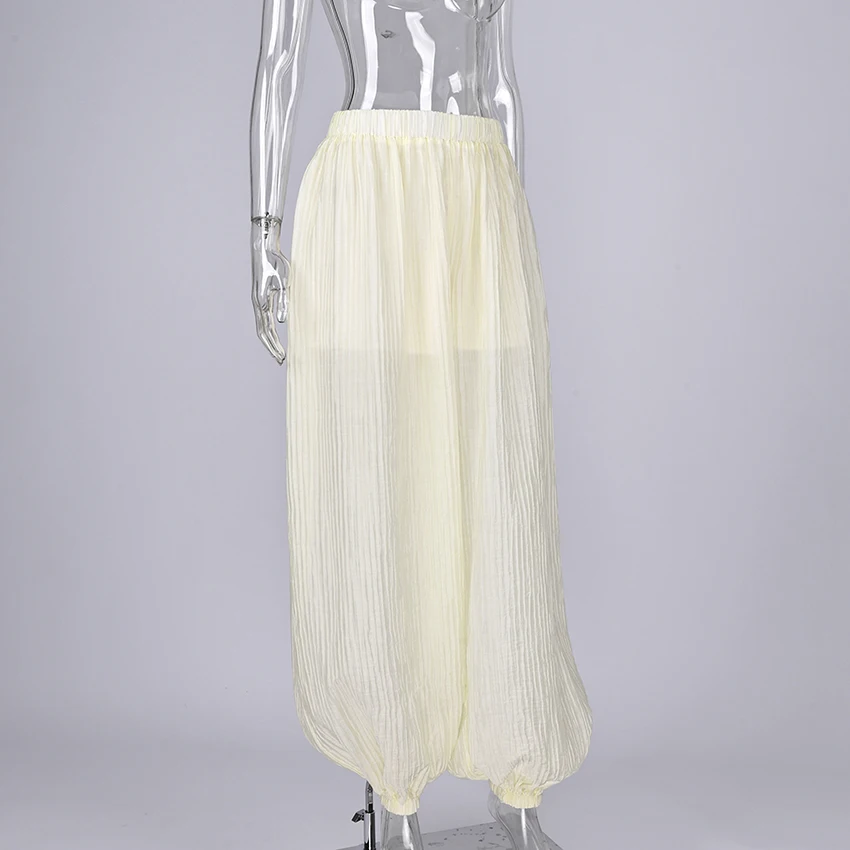 Linad Elegant Apricot Loose Pleated Bloomers Women 2026 Casual Elastic Waist Trousers Female Spring Fashion Sheer Long Pants