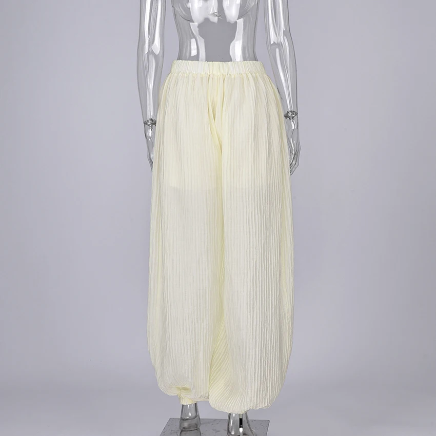 Linad Elegant Apricot Loose Pleated Bloomers Women 2026 Casual Elastic Waist Trousers Female Spring Fashion Sheer Long Pants