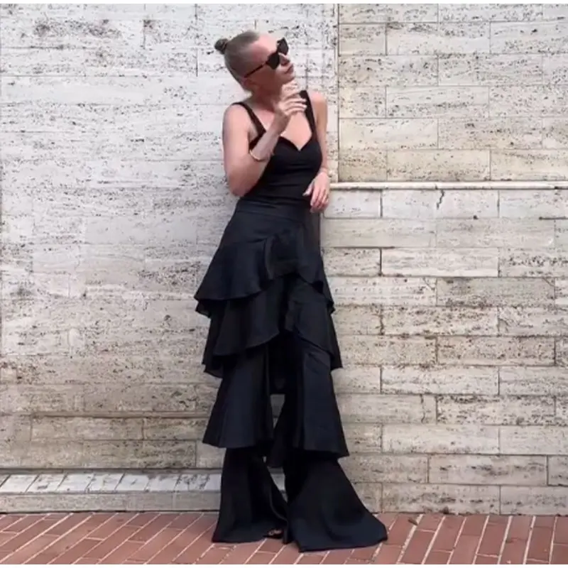 Fashion Navy Blue Tiered Ruffle Pants Women's High Waist Wide Leg Long Trousers 2026 New Ladies Casual Vacation Streetwear