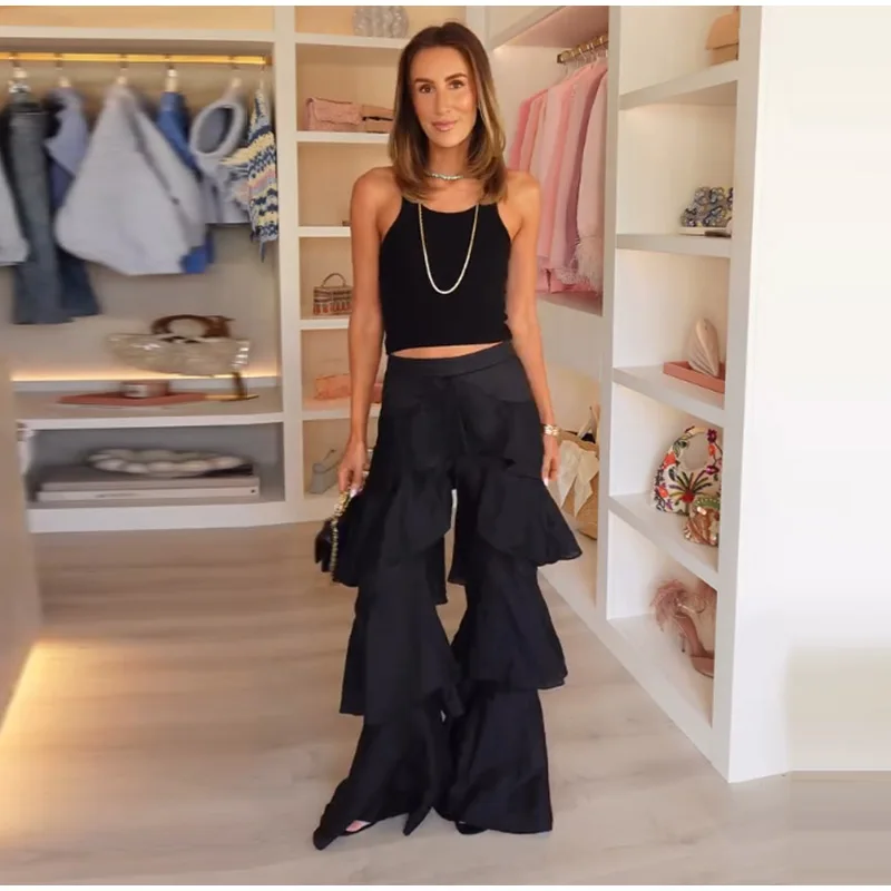 Fashion Navy Blue Tiered Ruffle Pants Women's High Waist Wide Leg Long Trousers 2026 New Ladies Casual Vacation Streetwear