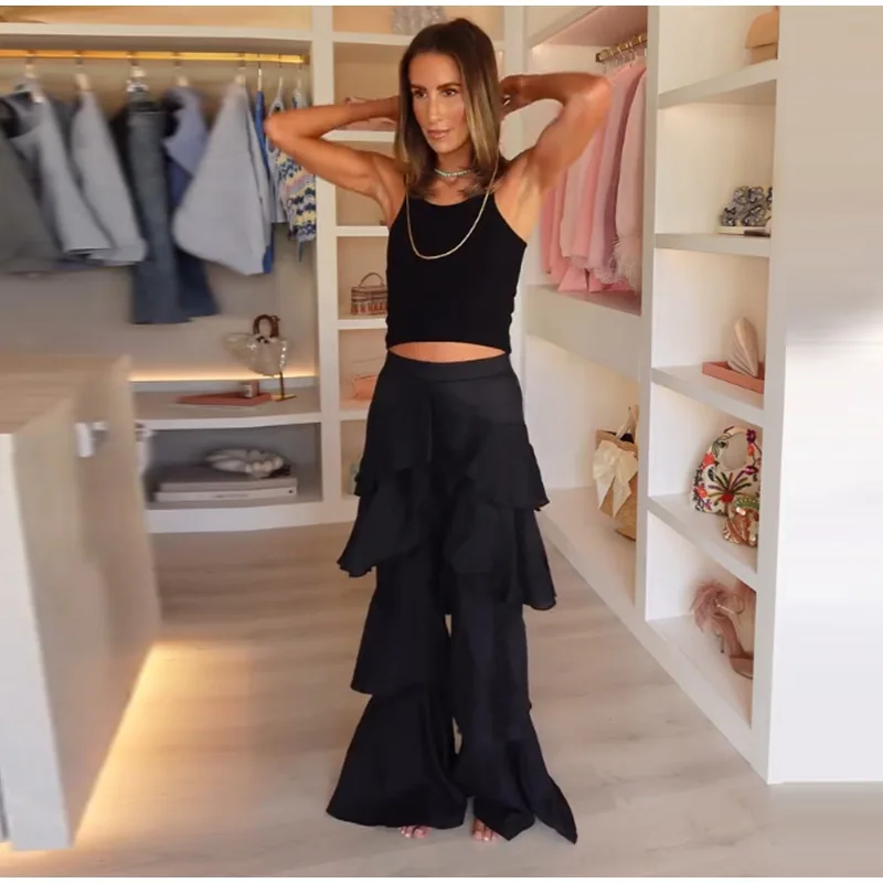 Fashion Navy Blue Tiered Ruffle Pants Women's High Waist Wide Leg Long Trousers 2026 New Ladies Casual Vacation Streetwear
