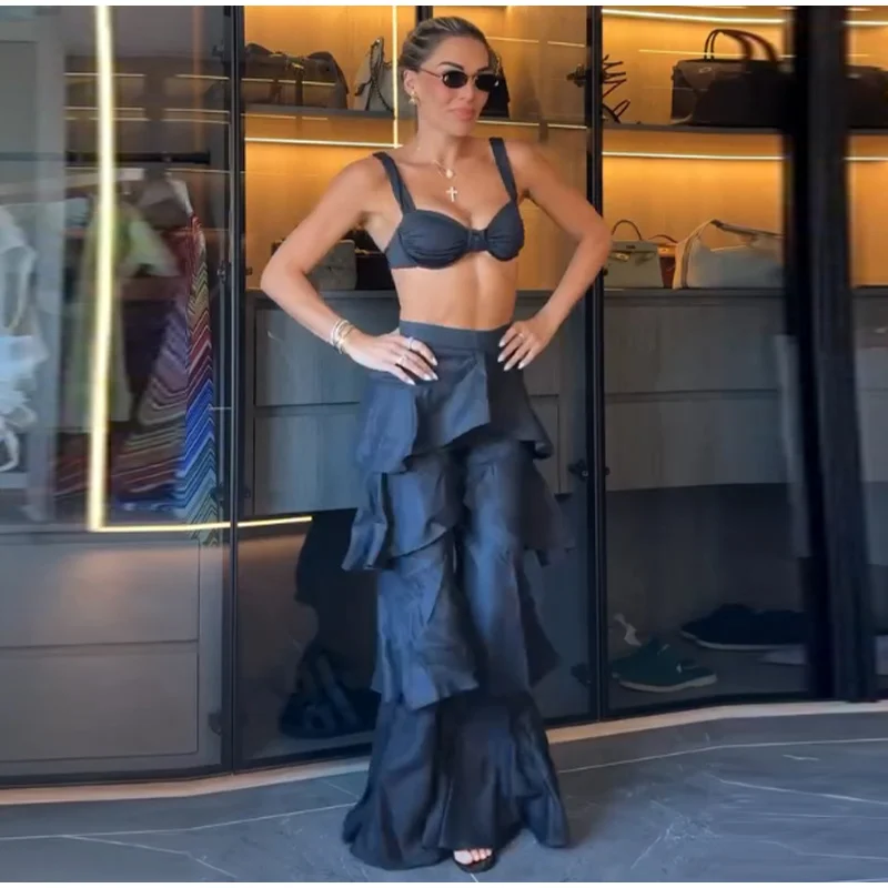 Fashion Navy Blue Tiered Ruffle Pants Women's High Waist Wide Leg Long Trousers 2026 New Ladies Casual Vacation Streetwear