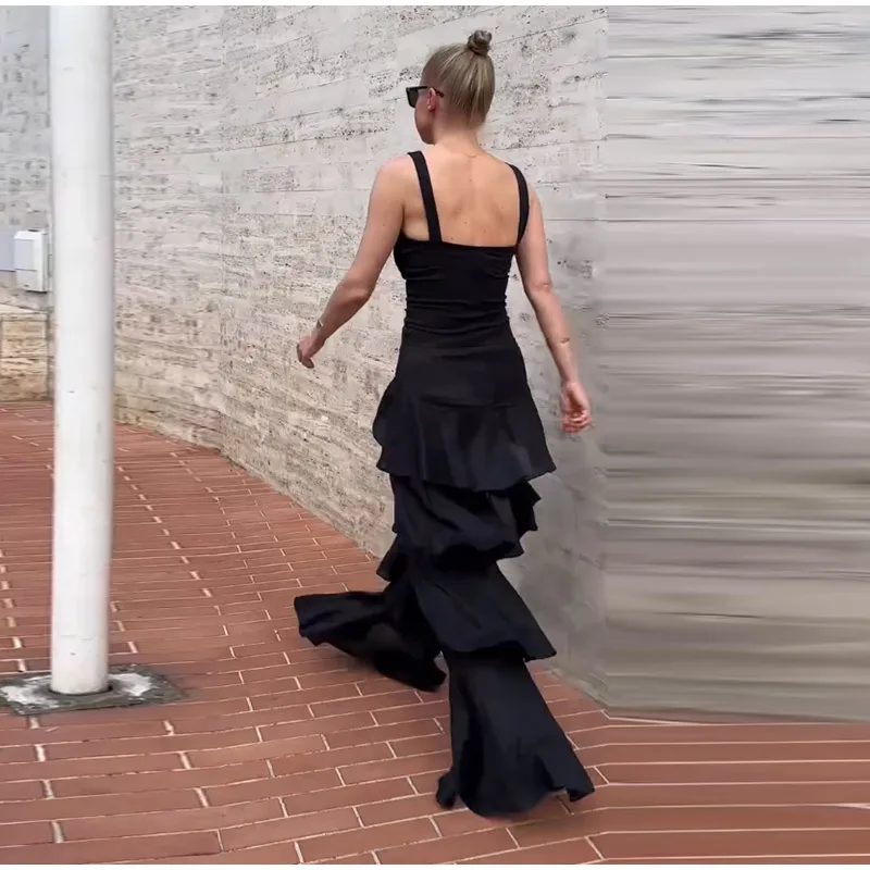 Fashion Navy Blue Tiered Ruffle Pants Women's High Waist Wide Leg Long Trousers 2026 New Ladies Casual Vacation Streetwear