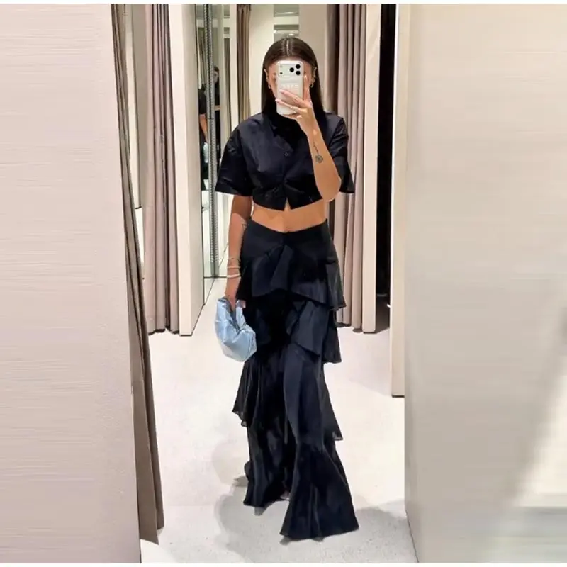 Fashion Navy Blue Tiered Ruffle Pants Women's High Waist Wide Leg Long Trousers 2026 New Ladies Casual Vacation Streetwear
