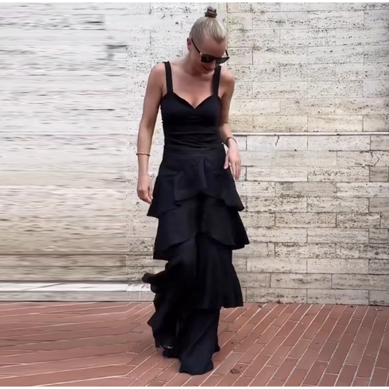 Fashion Navy Blue Tiered Ruffle Pants Women's High Waist Wide Leg Long Trousers 2026 New Ladies Casual Vacation Streetwear