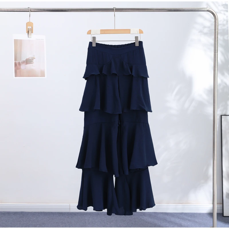 Fashion Navy Blue Tiered Ruffle Pants Women's High Waist Wide Leg Long Trousers 2026 New Ladies Casual Vacation Streetwear
