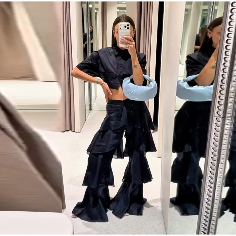 Fashion Navy Blue Tiered Ruffle Pants Women's High Waist Wide Leg Long Trousers 2026 New Ladies Casual Vacation Streetwear