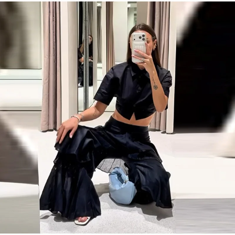 Fashion Navy Blue Tiered Ruffle Pants Women's High Waist Wide Leg Long Trousers 2026 New Ladies Casual Vacation Streetwear