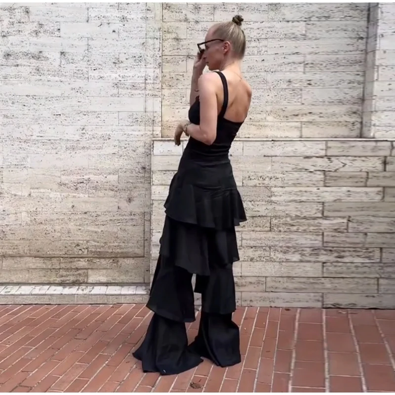 Fashion Navy Blue Tiered Ruffle Pants Women's High Waist Wide Leg Long Trousers 2026 New Ladies Casual Vacation Streetwear