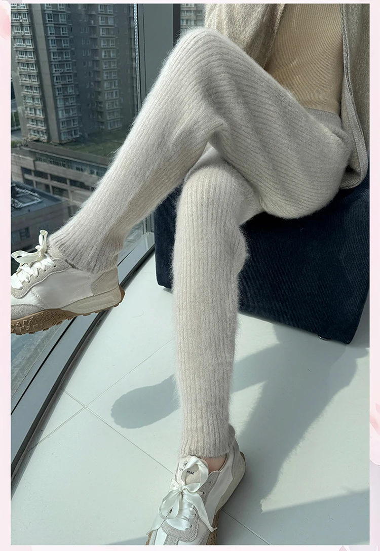 100% Mink Cashmere Knitted Feet Pants Women's Elastic Waist Slim Trousers Warm Joker Radish Pants 2025 Autumn New Thick Leggings