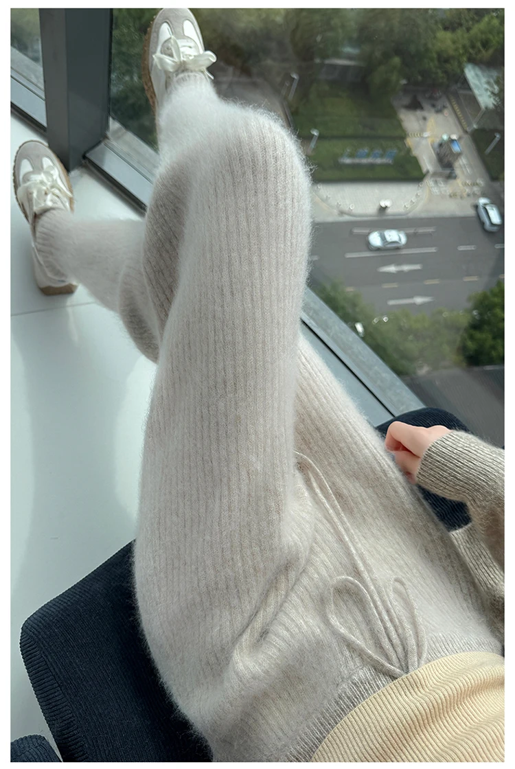 100% Mink Cashmere Knitted Feet Pants Women's Elastic Waist Slim Trousers Warm Joker Radish Pants 2025 Autumn New Thick Leggings