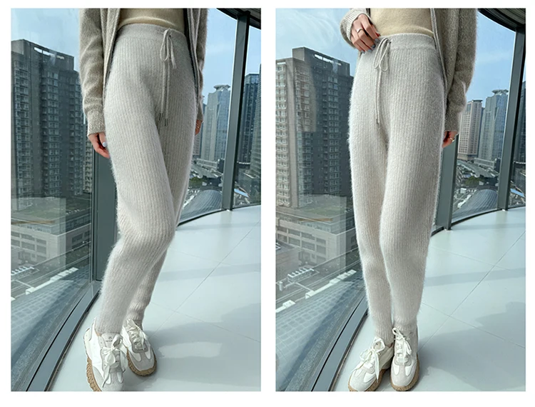100% Mink Cashmere Knitted Feet Pants Women's Elastic Waist Slim Trousers Warm Joker Radish Pants 2025 Autumn New Thick Leggings