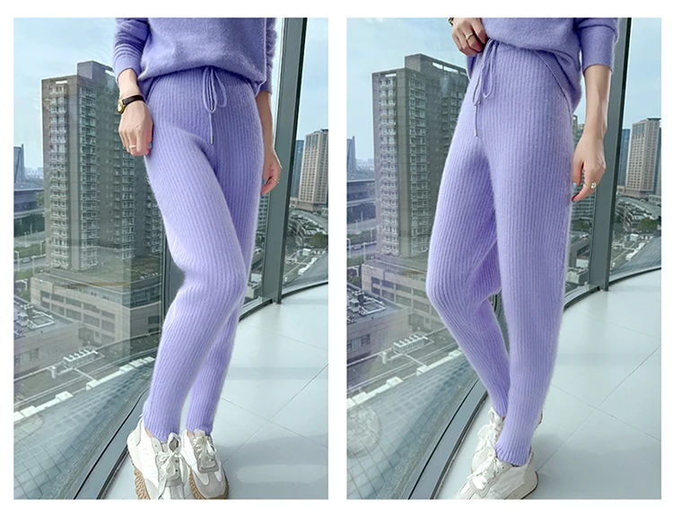 100% Mink Cashmere Knitted Feet Pants Women's Elastic Waist Slim Trousers Warm Joker Radish Pants 2025 Autumn New Thick Leggings