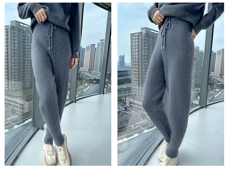 100% Mink Cashmere Knitted Feet Pants Women's Elastic Waist Slim Trousers Warm Joker Radish Pants 2025 Autumn New Thick Leggings