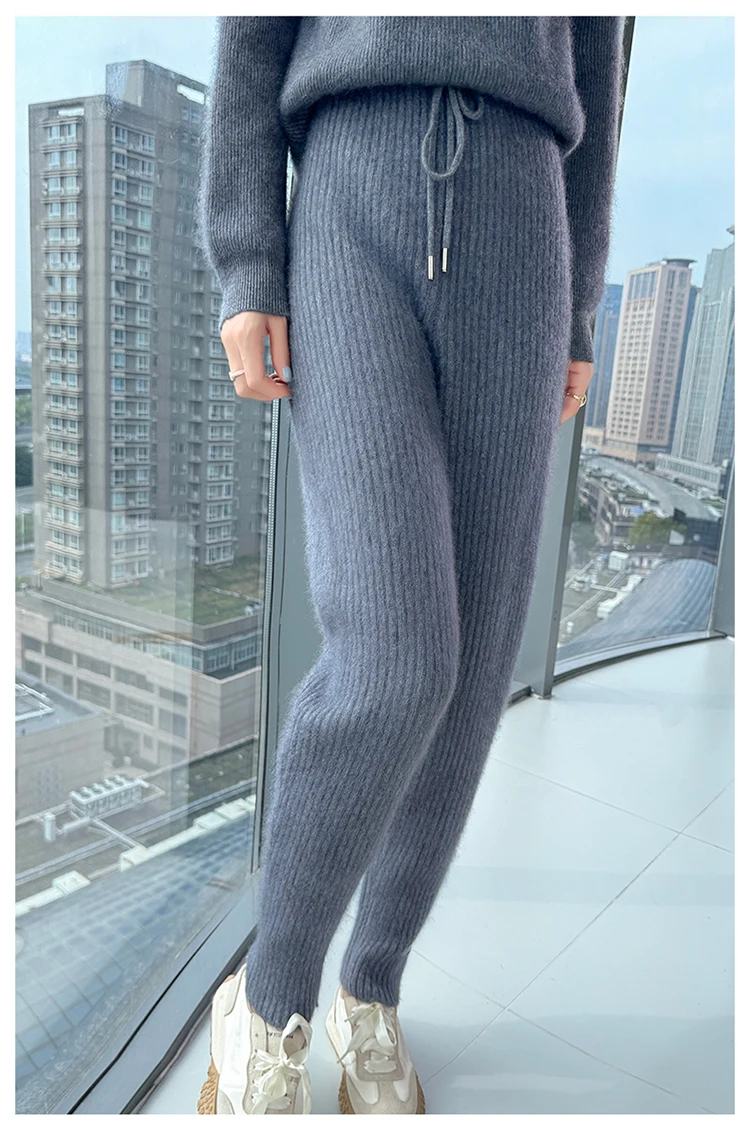 100% Mink Cashmere Knitted Feet Pants Women's Elastic Waist Slim Trousers Warm Joker Radish Pants 2025 Autumn New Thick Leggings