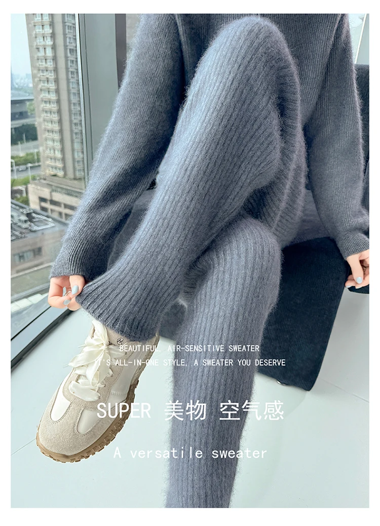 100% Mink Cashmere Knitted Feet Pants Women's Elastic Waist Slim Trousers Warm Joker Radish Pants 2025 Autumn New Thick Leggings