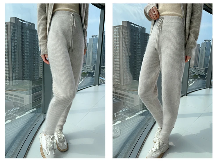 100% Mink Cashmere Knitted Feet Pants Women's Elastic Waist Slim Trousers Warm Joker Radish Pants 2025 Autumn New Thick Leggings
