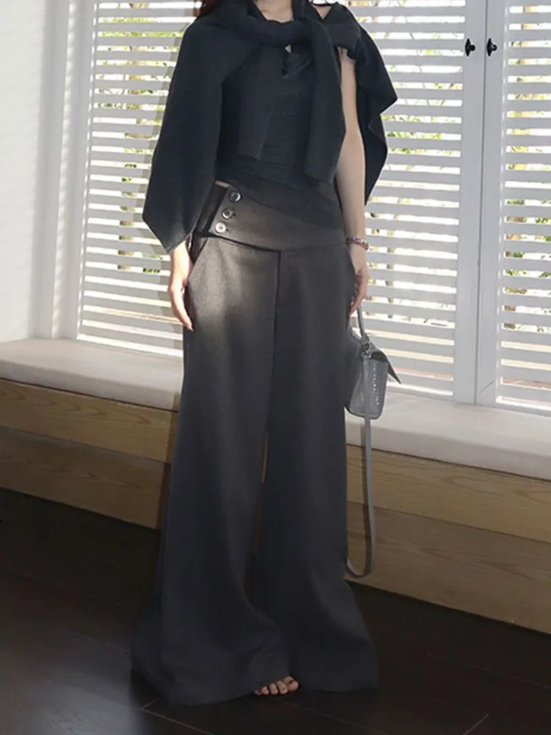MEXZT Faux Woolen Wide Leg Pants Women Fashion Streetwear Bagyy Black Pants Winter Korean Low Waist Design Straight Trousers New