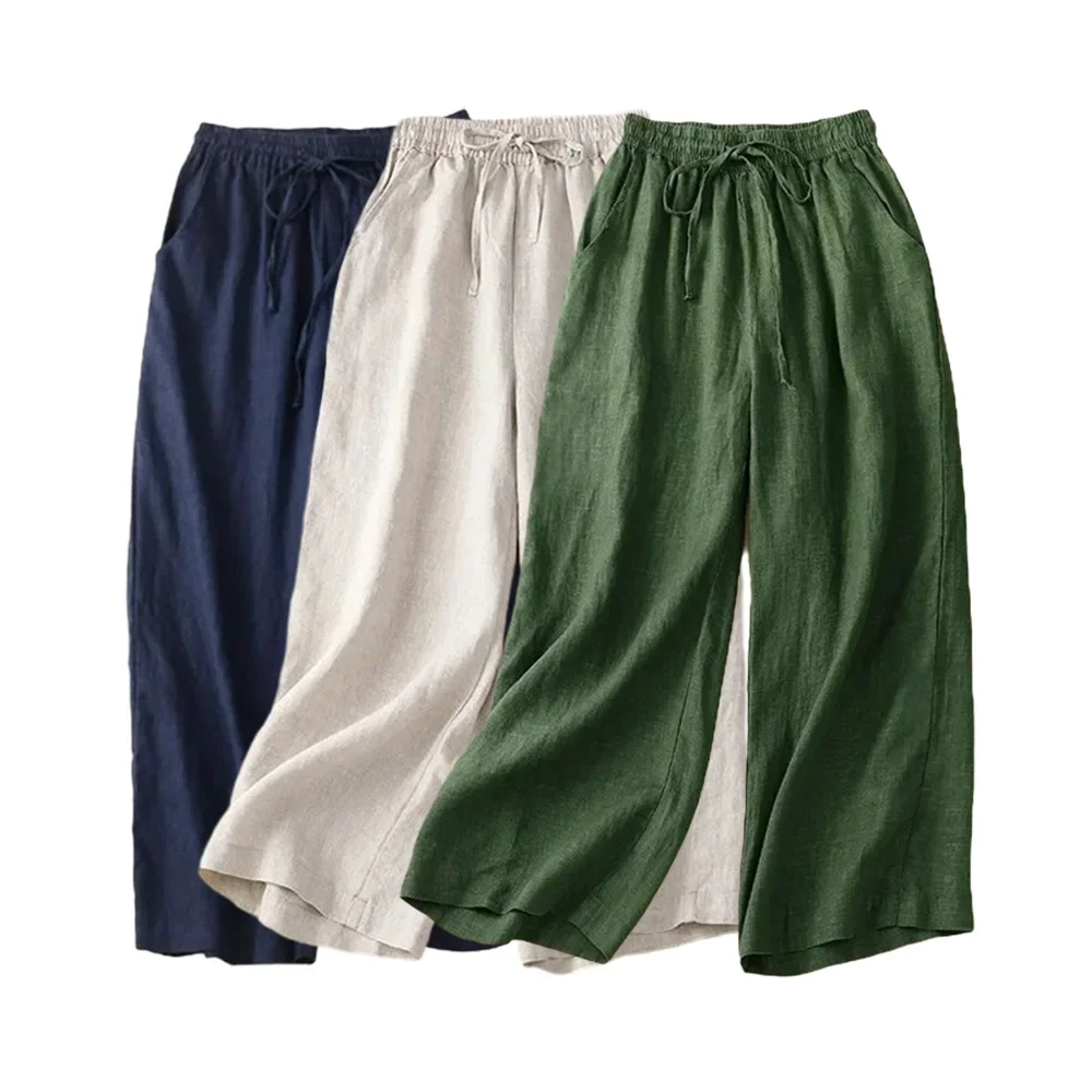 Cotton LinenCasual Solid Lace Up Elastic High Waist Loose Wide Leg Women's Pants Ankle-Length Pants For Women Clothing Fashion