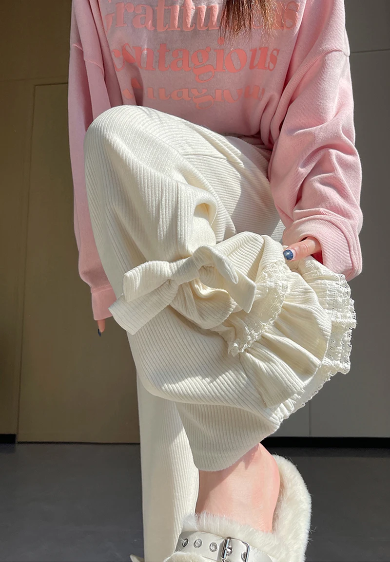 Harajuku Corduroy Flare Pants Women Japanese Cute Bow Lace Patchwork Pants Winter Streetwear Kawaii High Waist Casual Trousers