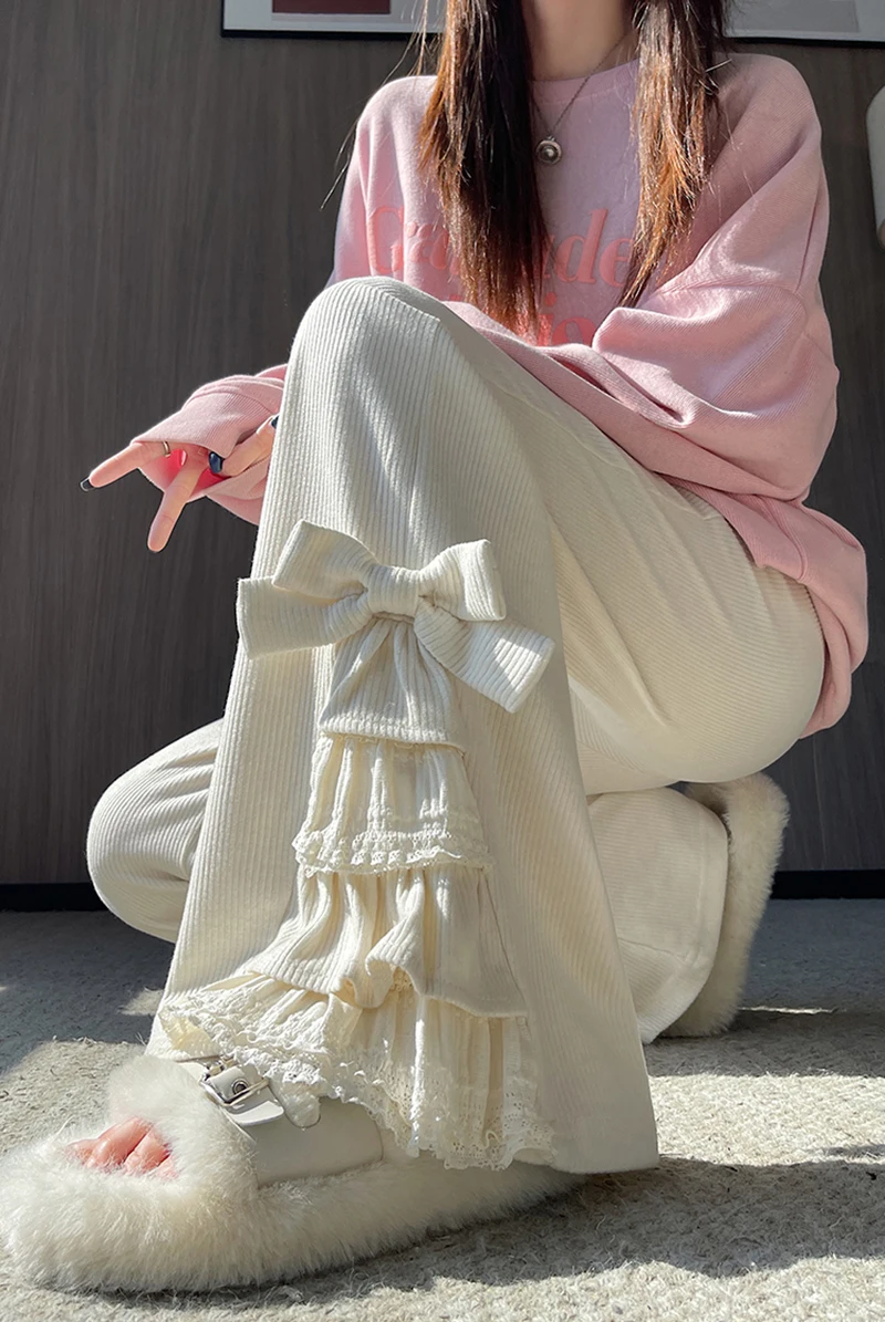 Harajuku Corduroy Flare Pants Women Japanese Cute Bow Lace Patchwork Pants Winter Streetwear Kawaii High Waist Casual Trousers