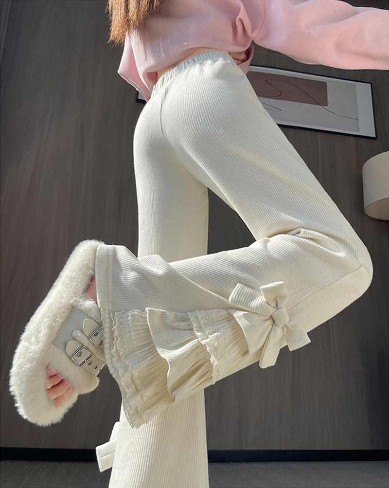 Harajuku Corduroy Flare Pants Women Japanese Cute Bow Lace Patchwork Pants Winter Streetwear Kawaii High Waist Casual Trousers